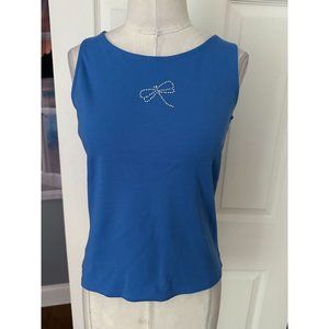 Sutton Studio blue sleeveless top with rhinestone dragonfly applique on front Sm